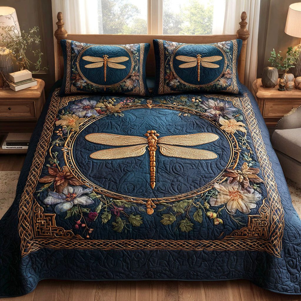 Forest Gleam quilted 3-piece bedding set on a made bed with two matching pillow shams