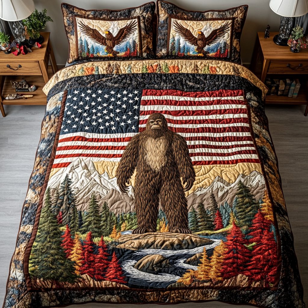 Forest Glory quilted 3-piece bedding set on a made bed with two matching pillow shams