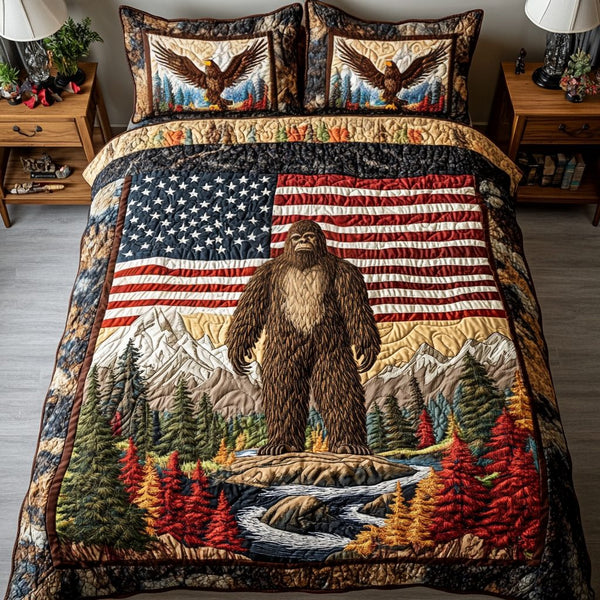Forest Glory quilted 3-piece bedding set on a made bed with two matching pillow shams