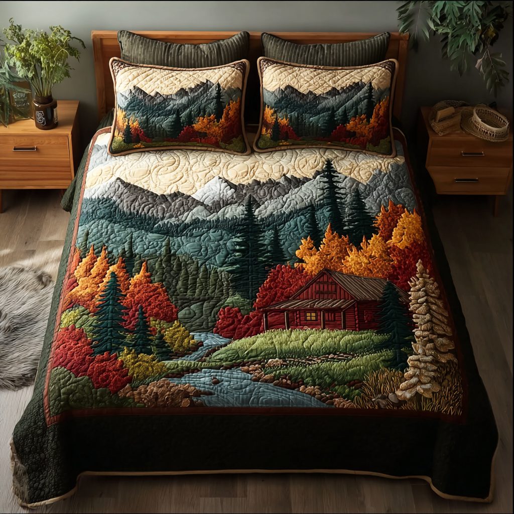 Forest Glow quilted 3-piece bedding set on a made bed with two matching pillow shams