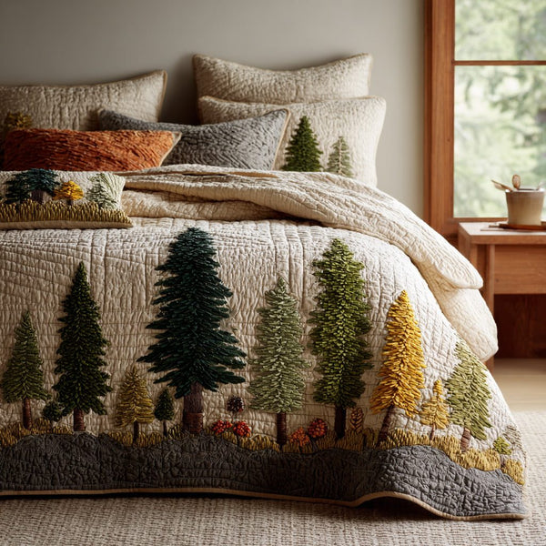 Forest Glow quilted 3-piece bedding set on a made bed with two matching pillow shams