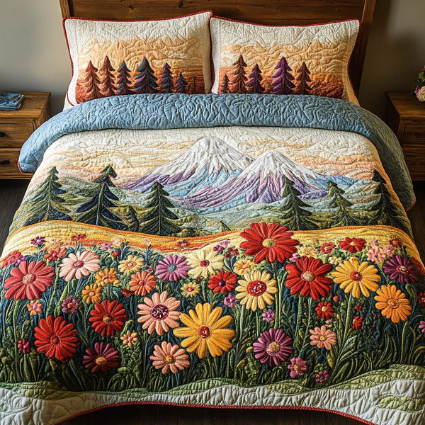 Forest Glow quilted 3-piece bedding set on a made bed with two matching pillow shams