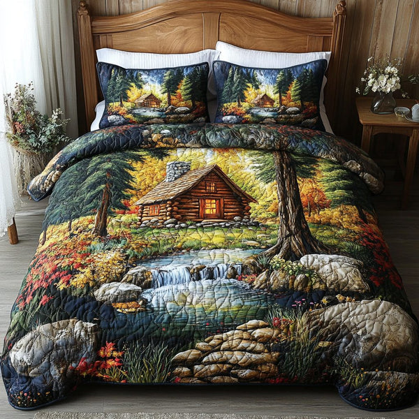 Forest Glow quilted 3-piece bedding set on a made bed with two matching pillow shams