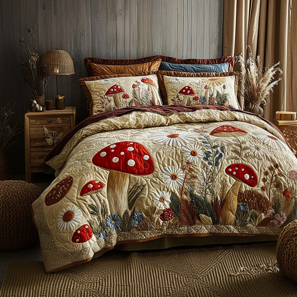 Forest Glow quilted 3-piece bedding set on a made bed with two matching pillow shams