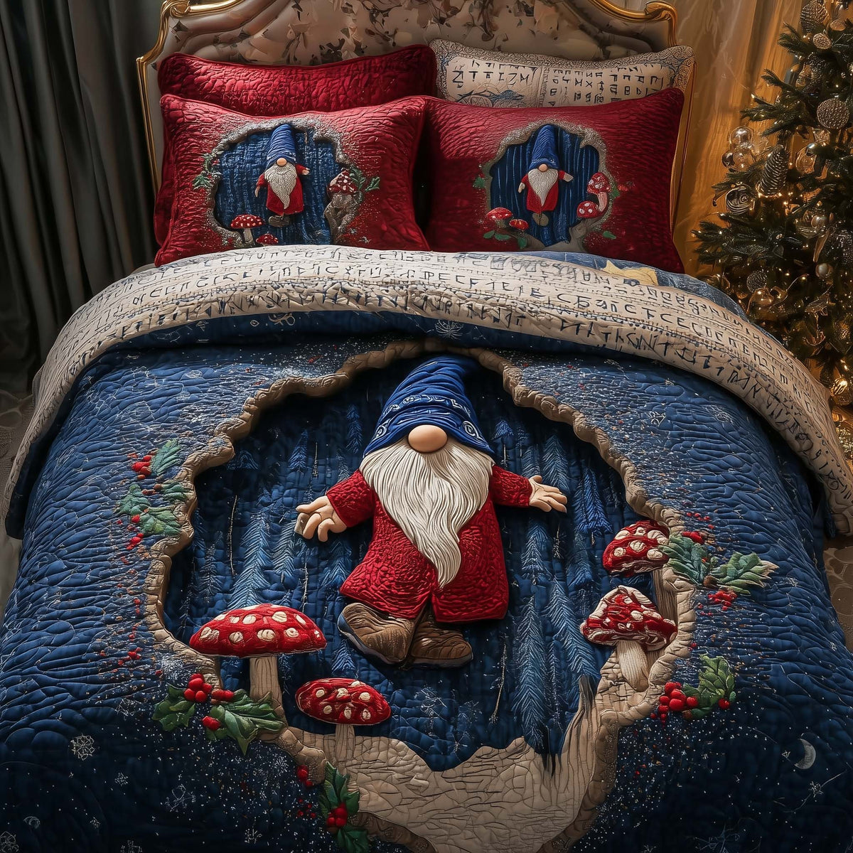 Forest Gnome quilted 3-piece bedding set on a made bed in a winter-styled bedroom