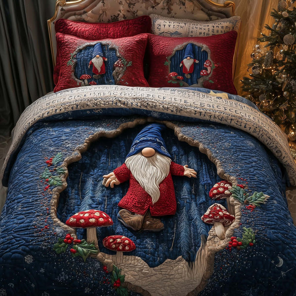 Forest Gnome quilted 3-piece bedding set on a made bed in a winter-styled bedroom