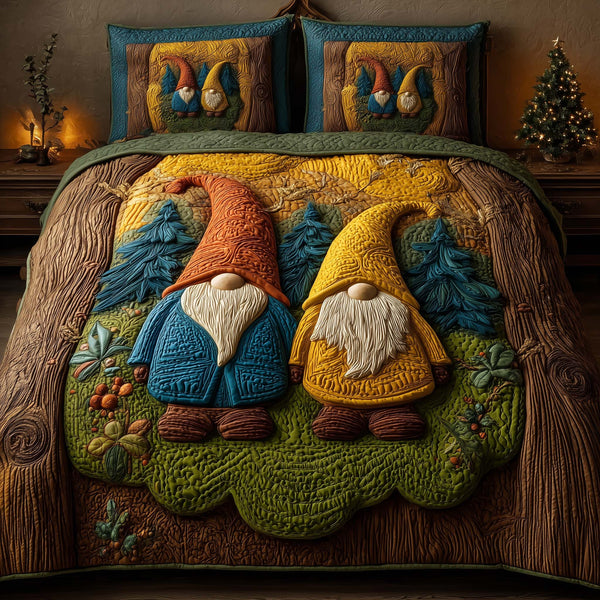 Forest Gnomes quilted 3-piece bedding set on a made bed with two matching pillow shams