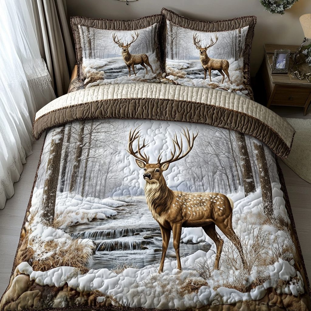 Forest Grace quilted 3-piece bedding set on a made bed with two matching pillow shams