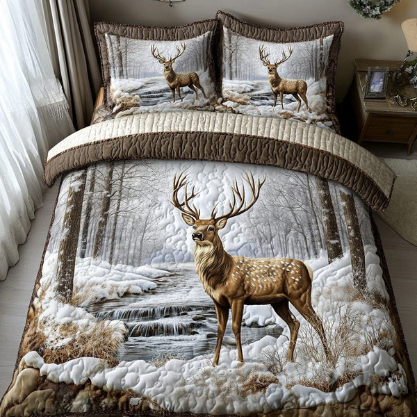 Forest Grace quilted 3-piece bedding set on a made bed with two matching pillow shams