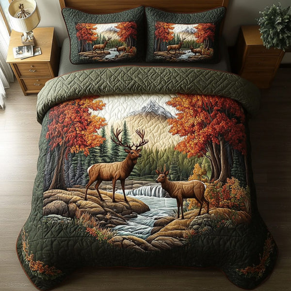 Forest Grace quilted 3-piece bedding set on a made bed with two matching pillow shams