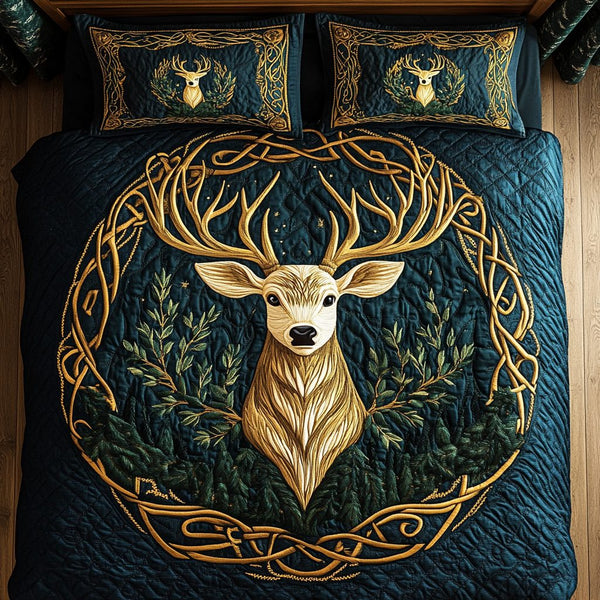 Forest Guardian Haven quilted 3-piece bedding set on a made bed with two matching pillow shams
