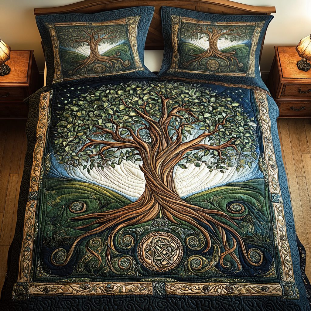 Forest Guardian Haven quilted 3-piece bedding set on a made bed with two matching pillow shams