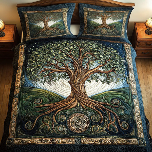 Forest Guardian Haven quilted 3-piece bedding set on a made bed with two matching pillow shams