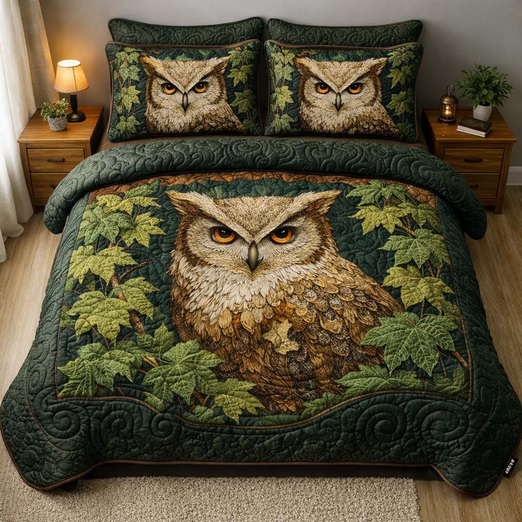 Forest Guardian Owl quilted 3-piece bedding set on a made bed with two matching pillow shams