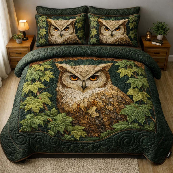 Forest Guardian Owl quilted 3-piece bedding set on a made bed with two matching pillow shams