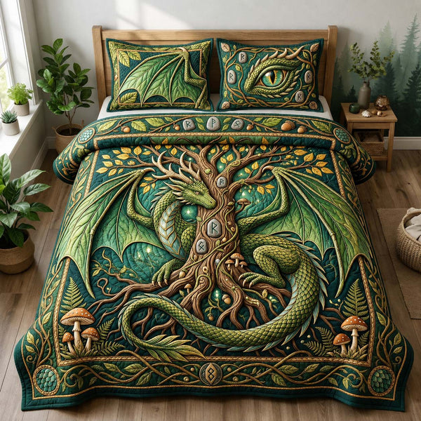 Forest Guardian quilted 3-piece bedding set on a made bed with two matching pillow shams