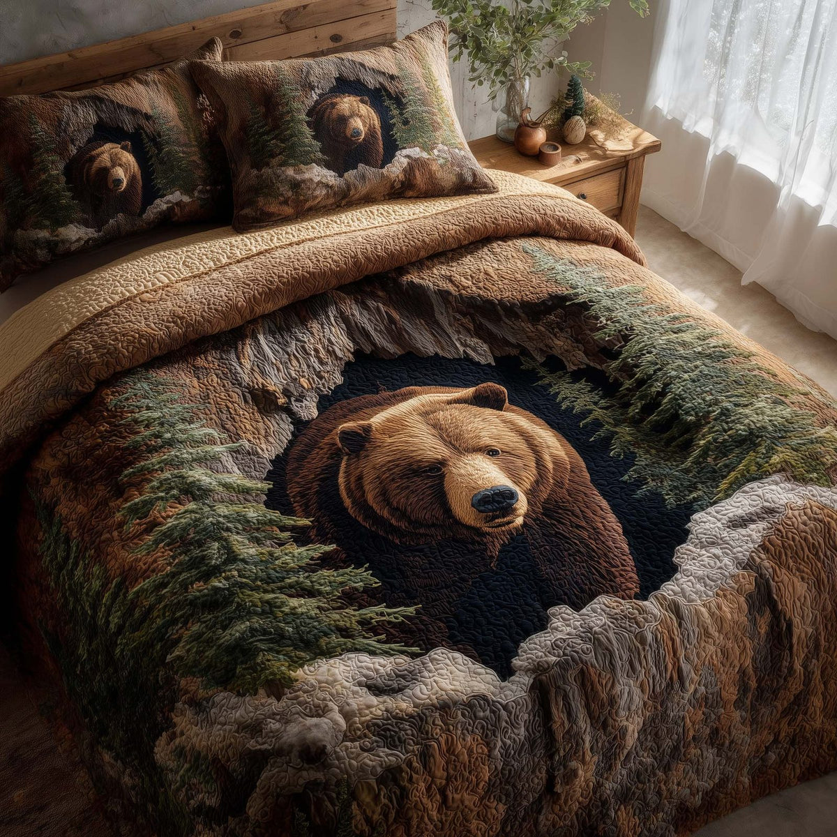 Forest Guardian quilted 3-piece bedding set on a made bed with two matching pillow shams