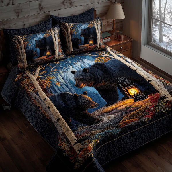 Forest Guardian quilted 3-piece bedding set on a made bed with two matching pillow shams