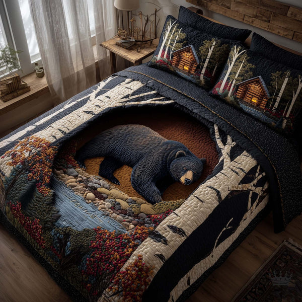 Forest Guardian quilted 3-piece bedding set on a made bed with two matching pillow shams