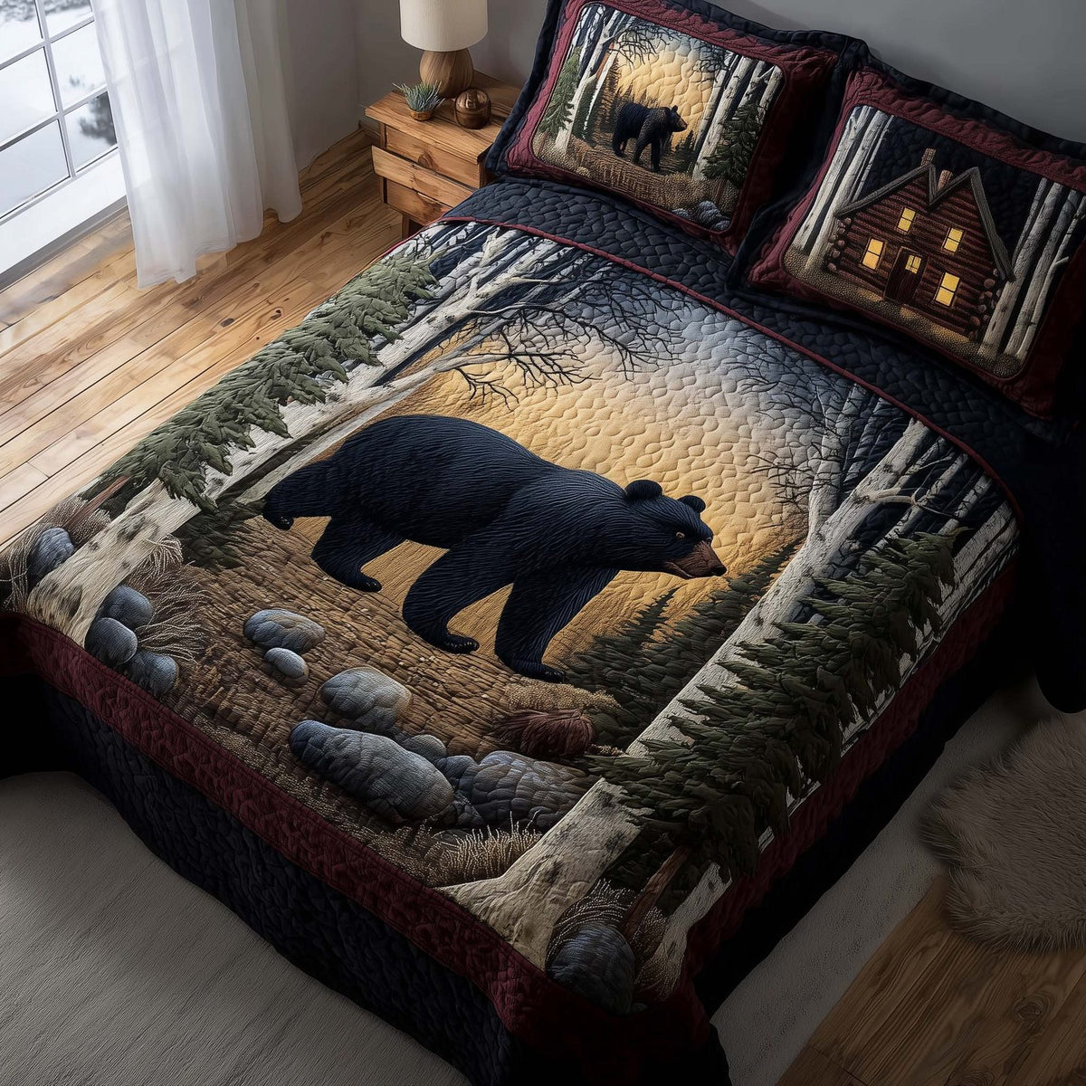 Forest Guardian quilted 3-piece bedding set on a made bed with two matching pillow shams