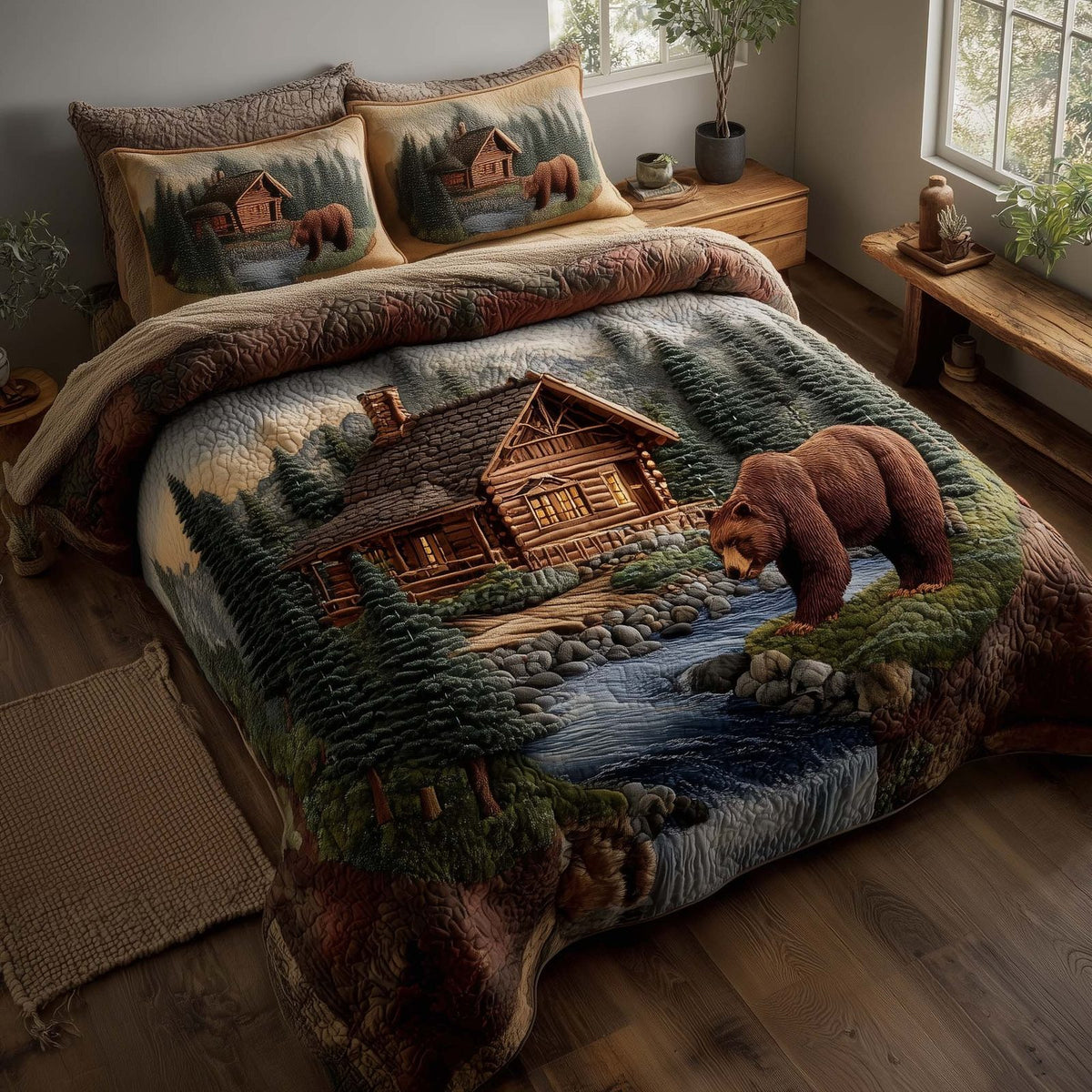 Forest Guardian quilted 3-piece bedding set on a made bed with two matching pillow shams