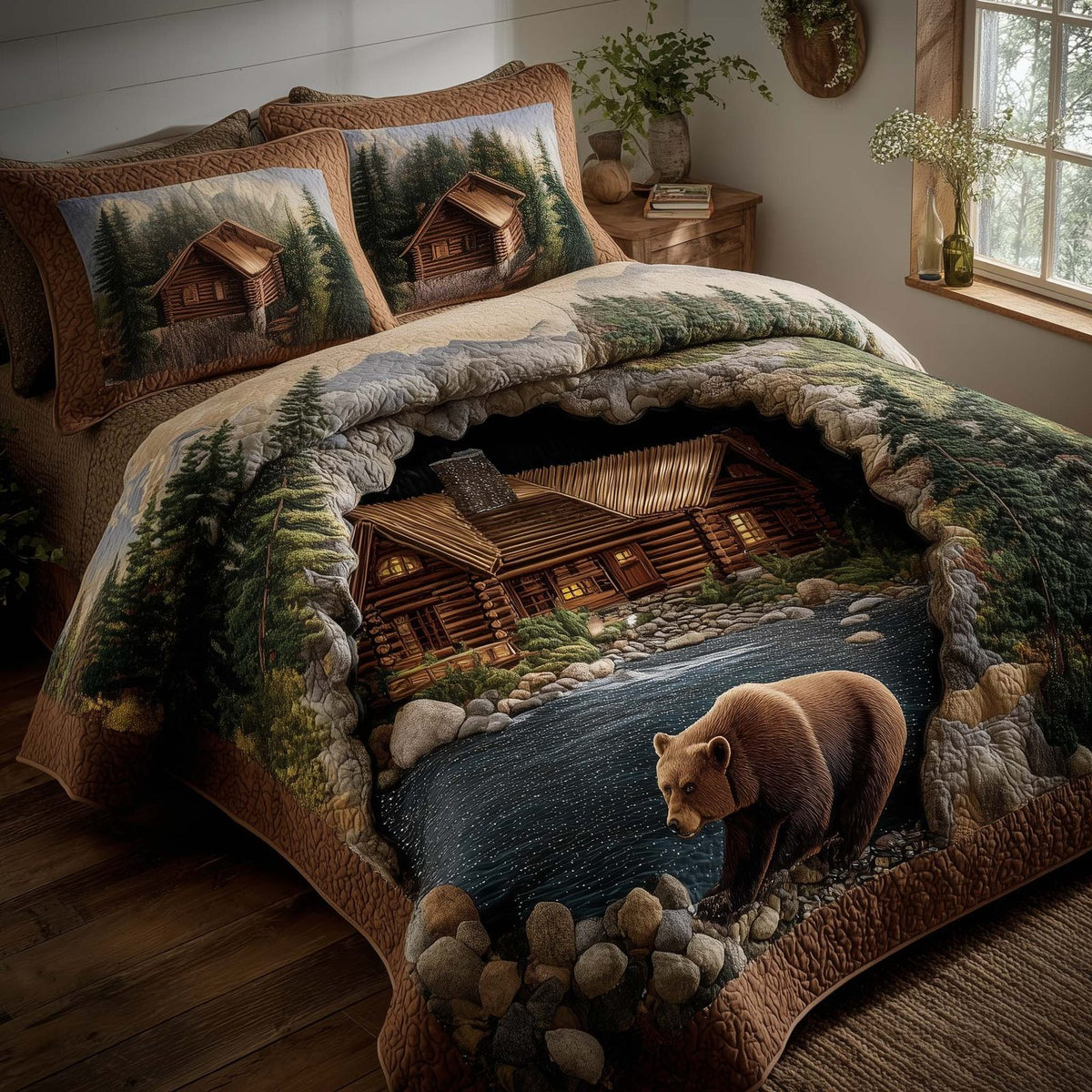 Forest Guardian quilted 3-piece bedding set on a made bed with two matching pillow shams
