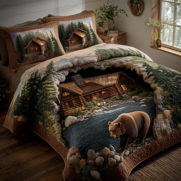 Forest Guardian quilted 3-piece bedding set on a made bed with two matching pillow shams