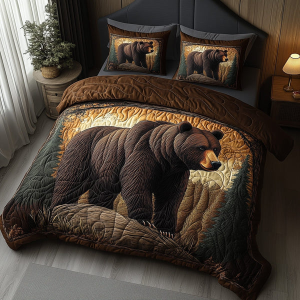 Forest Guardian quilted 3-piece bedding set on a made bed with two matching pillow shams