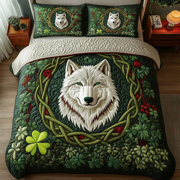 Forest Guardian quilted 3-piece bedding set on a made bed with two matching pillow shams