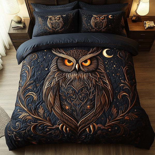 Forest Guardian quilted 3-piece bedding set on a made bed with two matching pillow shams