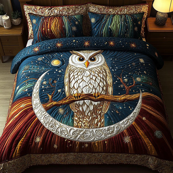Forest Guardian quilted 3-piece bedding set on a made bed with two matching pillow shams