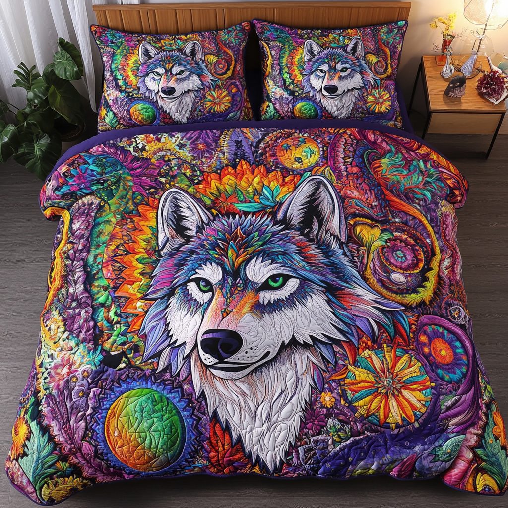 Forest Guardian quilted 3-piece bedding set on a made bed with two matching pillow shams