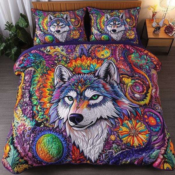 Forest Guardian quilted 3-piece bedding set on a made bed with two matching pillow shams