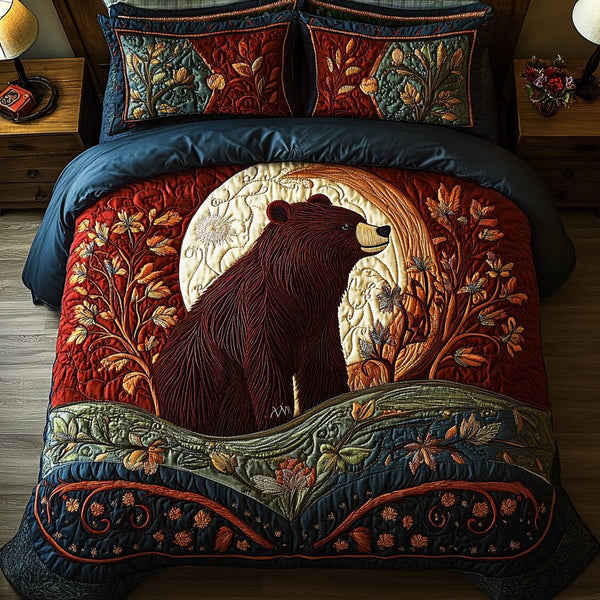 Forest Guardian quilted 3-piece bedding set on a made bed with two matching pillow shams