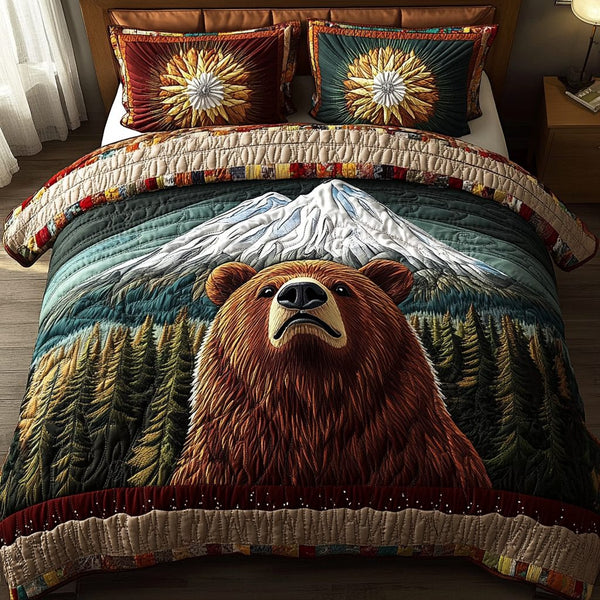Forest Guardian quilted 3-piece bedding set on a made bed with two matching pillow shams