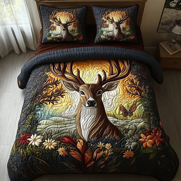 Forest Guardian quilted 3-piece bedding set on a made bed with two matching pillow shams