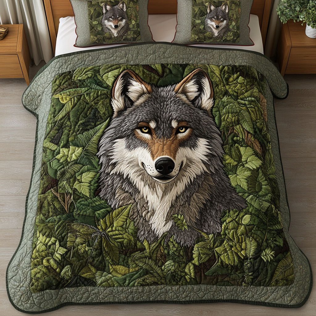Forest Guardian quilted 3-piece bedding set on a made bed with two matching pillow shams