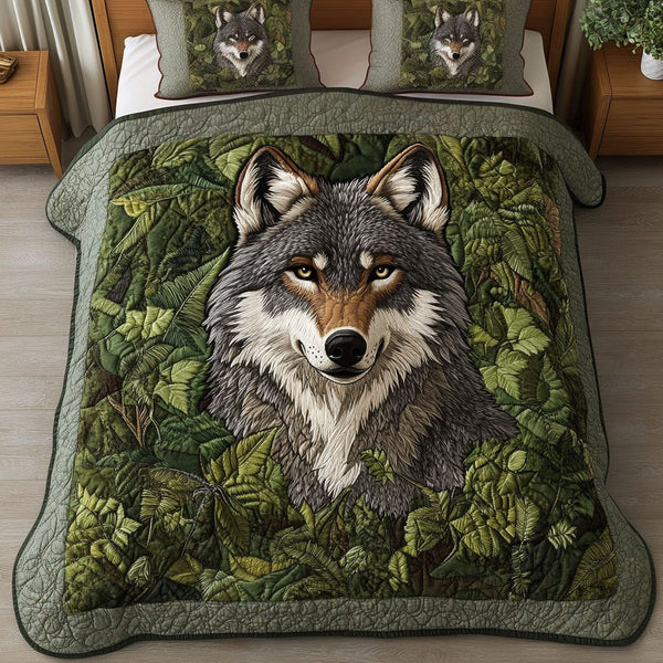 Forest Guardian quilted 3-piece bedding set on a made bed with two matching pillow shams
