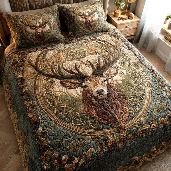 Forest Guardian quilted 3-piece bedding set on a made bed with two matching pillow shams