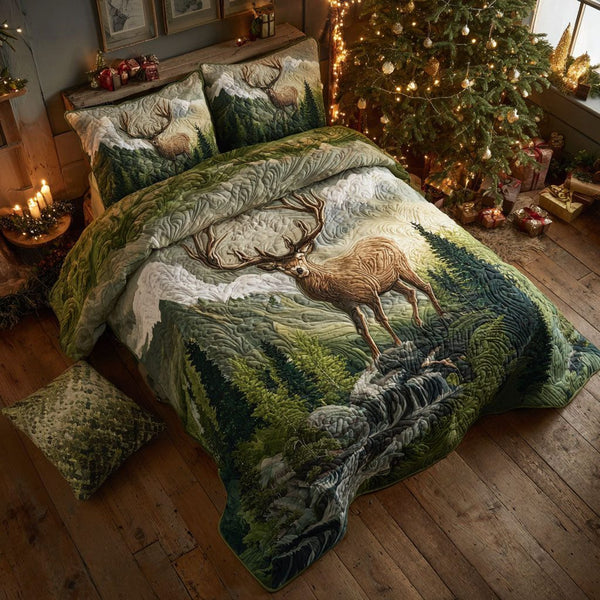 Forest Guardian quilted 3-piece bedding set on a made bed with two matching pillow shams