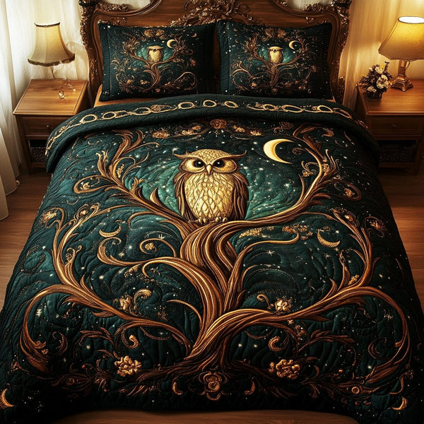 Forest Guardian quilted 3-piece bedding set on a made bed with two matching pillow shams