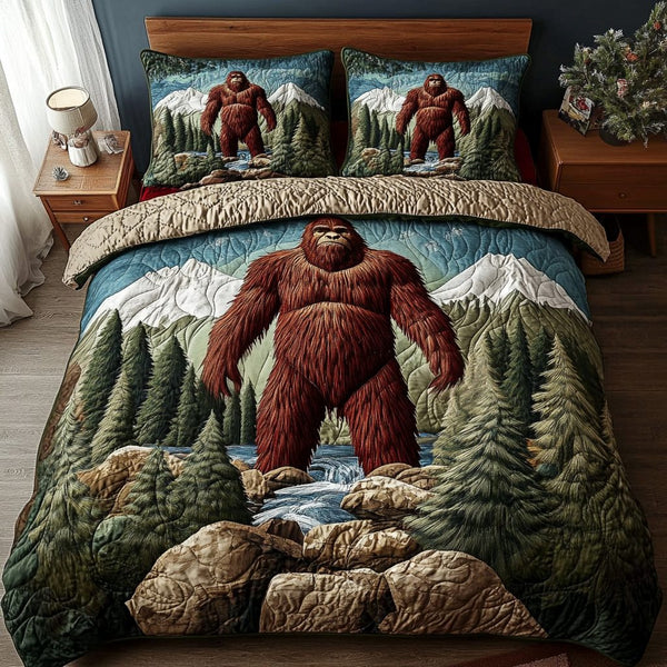 Forest Guardian quilted 3-piece bedding set on a made bed with two matching pillow shams