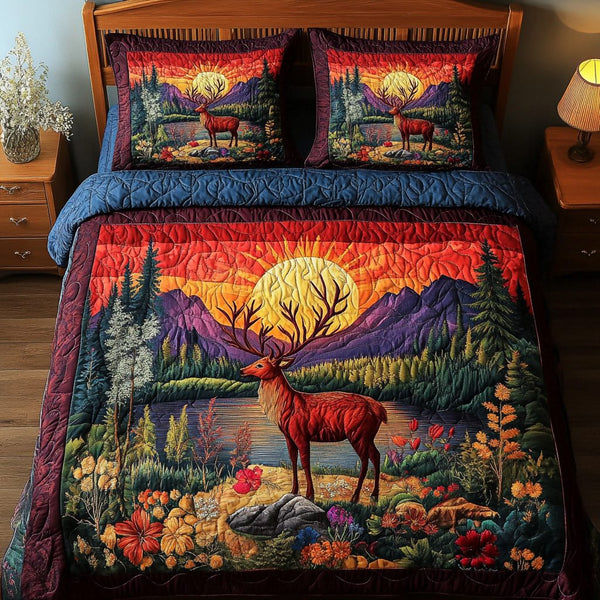 Forest Guardian quilted 3-piece bedding set on a made bed with two matching pillow shams