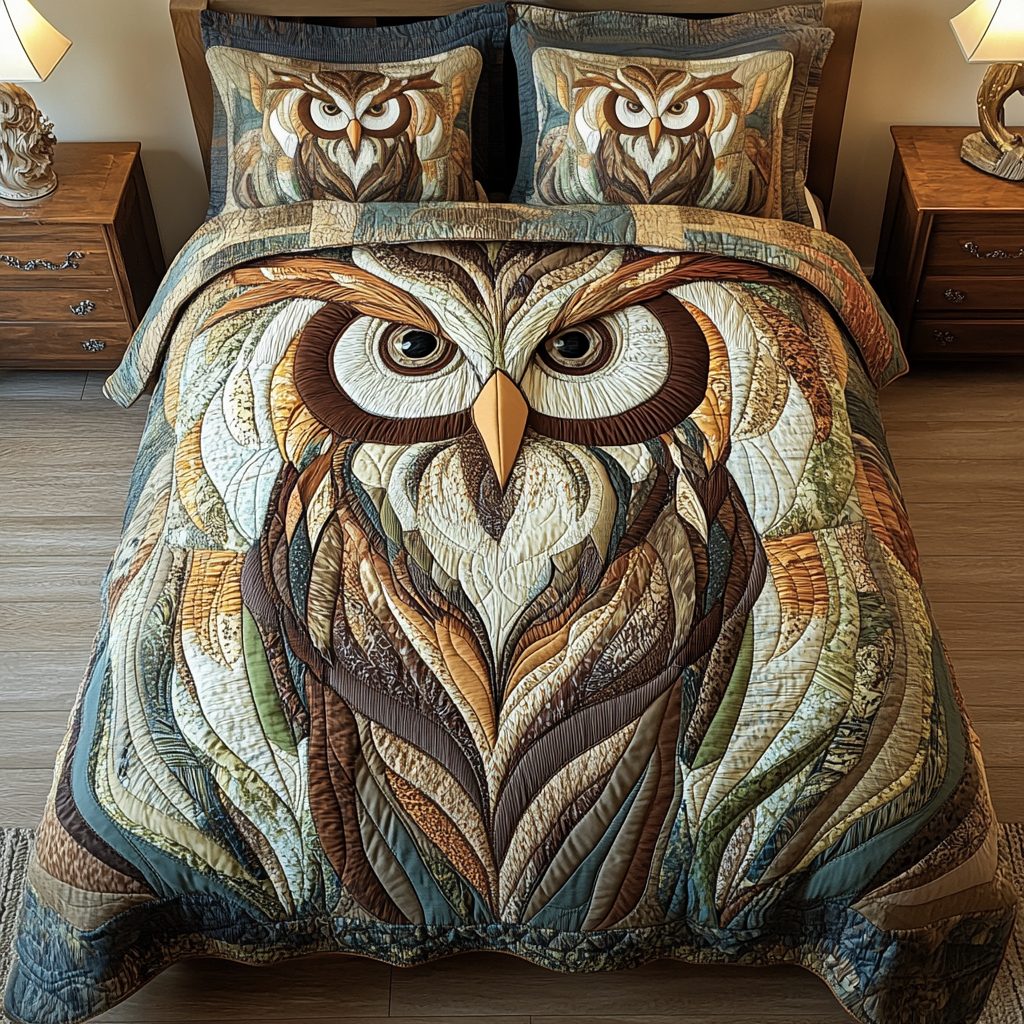 Forest Guardian quilted 3-piece bedding set on a made bed with two matching pillow shams