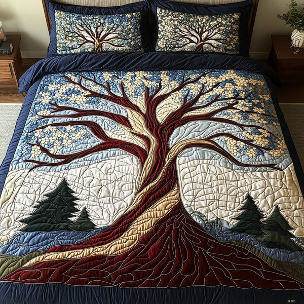 Forest Harmony quilted 3-piece bedding set on a made bed with two matching pillow shams