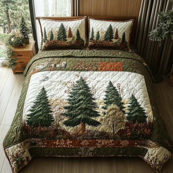 Forest Harmony quilted 3-piece bedding set on a made bed with two matching pillow shams
