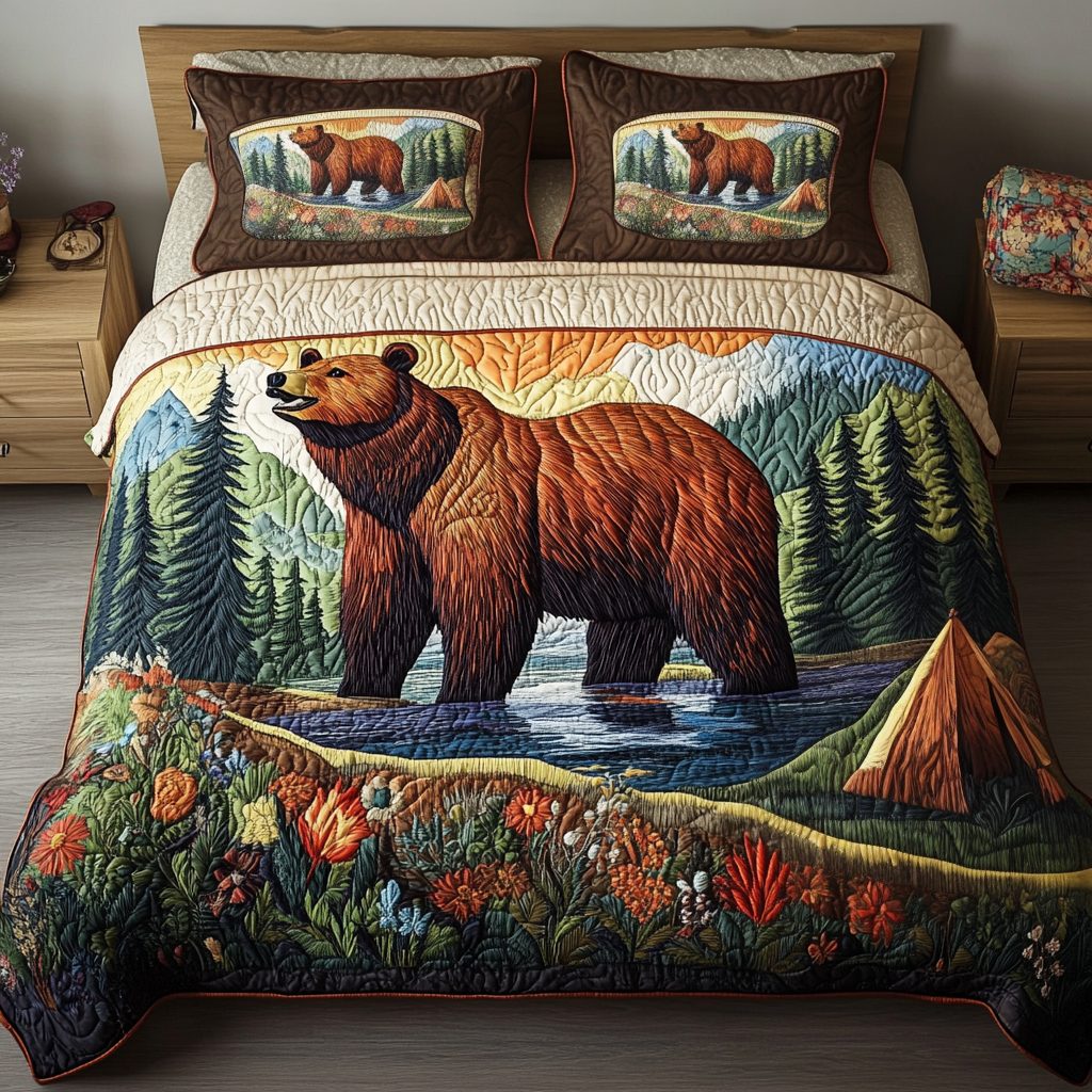 Forest Harmony quilted 3-piece bedding set on a made bed with two matching pillow shams