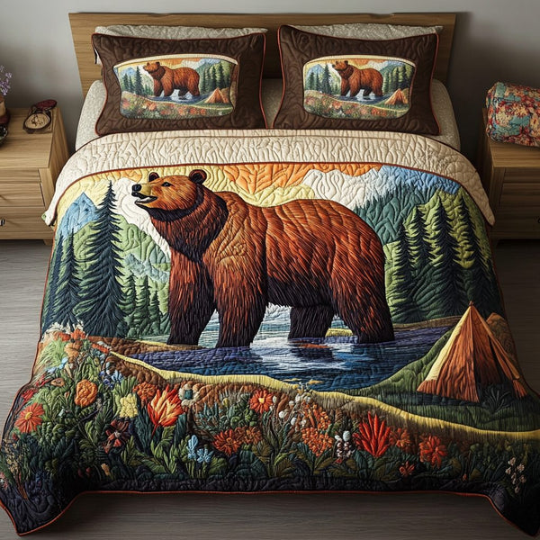 Forest Harmony quilted 3-piece bedding set on a made bed with two matching pillow shams