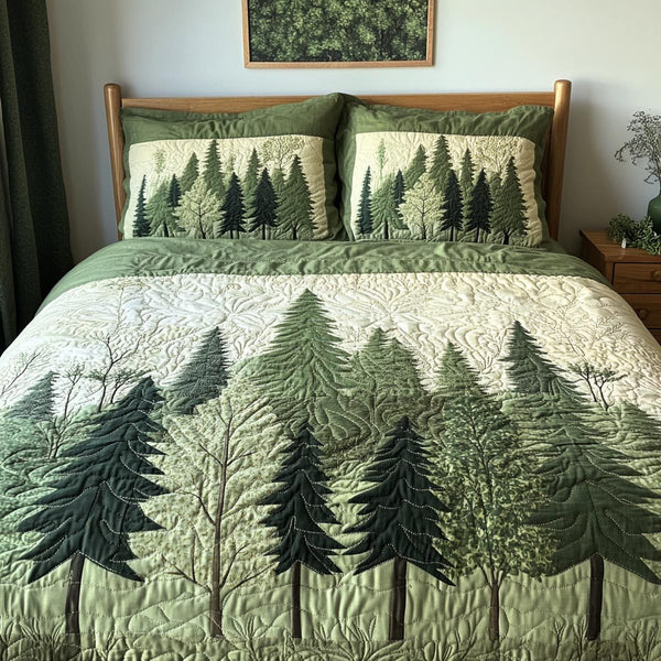 Forest Haven quilted 3-piece bedding set on a made bed with two matching pillow shams