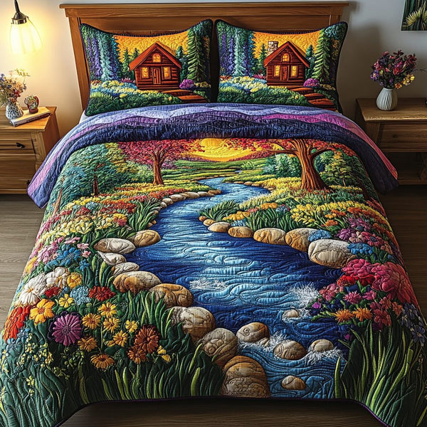 Forest Haven quilted 3-piece bedding set on a made bed with two matching pillow shams